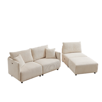 Modular U Shaped Sectional Sofa, Corduroy Couch with Ottoman - Beige