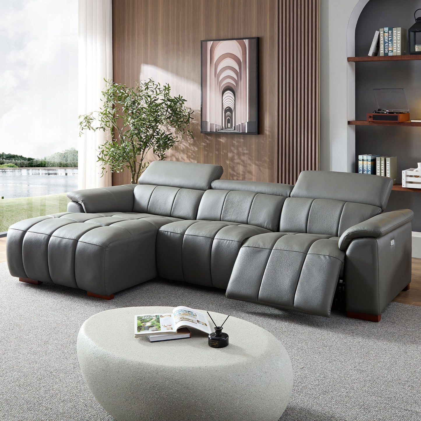 Genuine Leather Recliner Sofa, Modern Couch with Chaise, USB and Adjustable Headrest, Dark Grey
