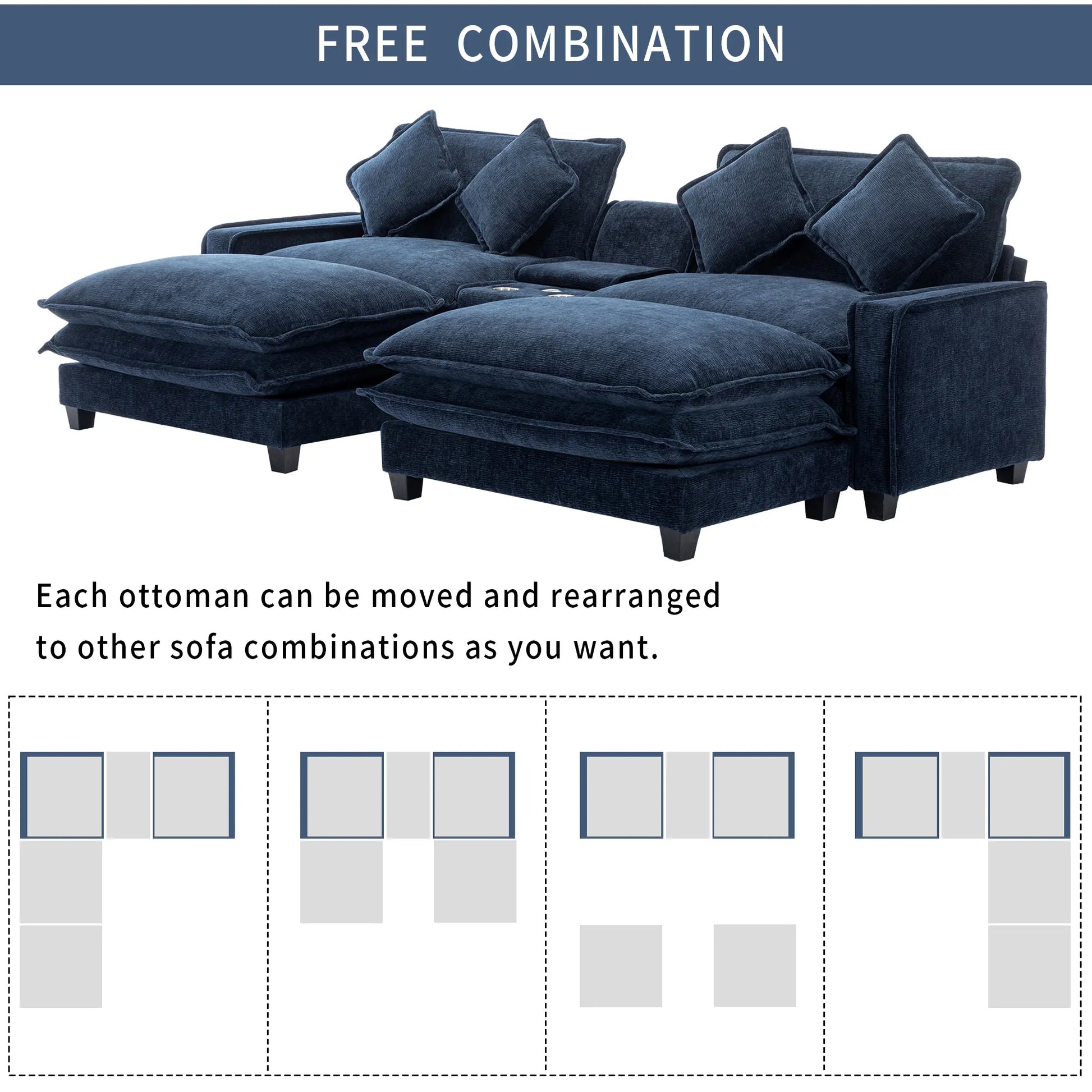 Plush Couch, Deep Seat Couch with Ottomans, Blue