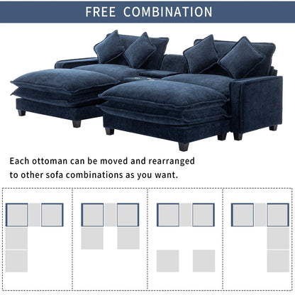 Plush Couch, Deep Seat Couch with Ottomans, Blue