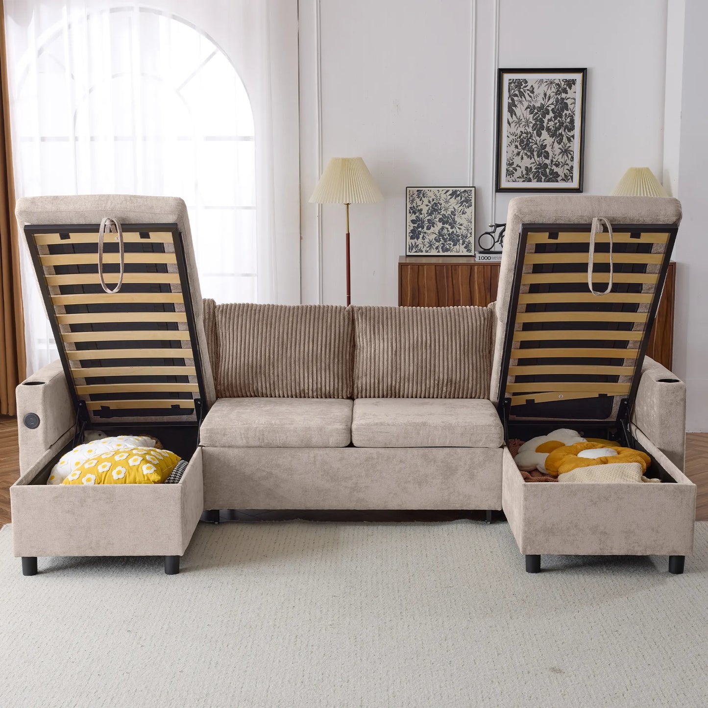 Corduroy Couch with Chaise Sleeper, Sectional Sofa Pull-Out, Brown