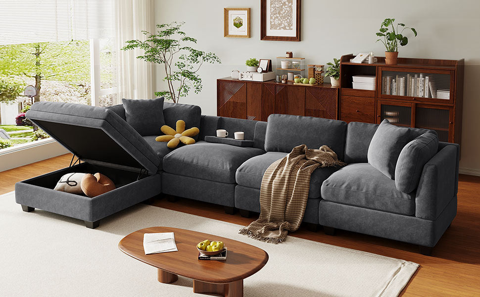 Modular Sofa with Removable Storage Ottoman, 5 Seat Sectional sofa with 2 Hidden Cup Holders