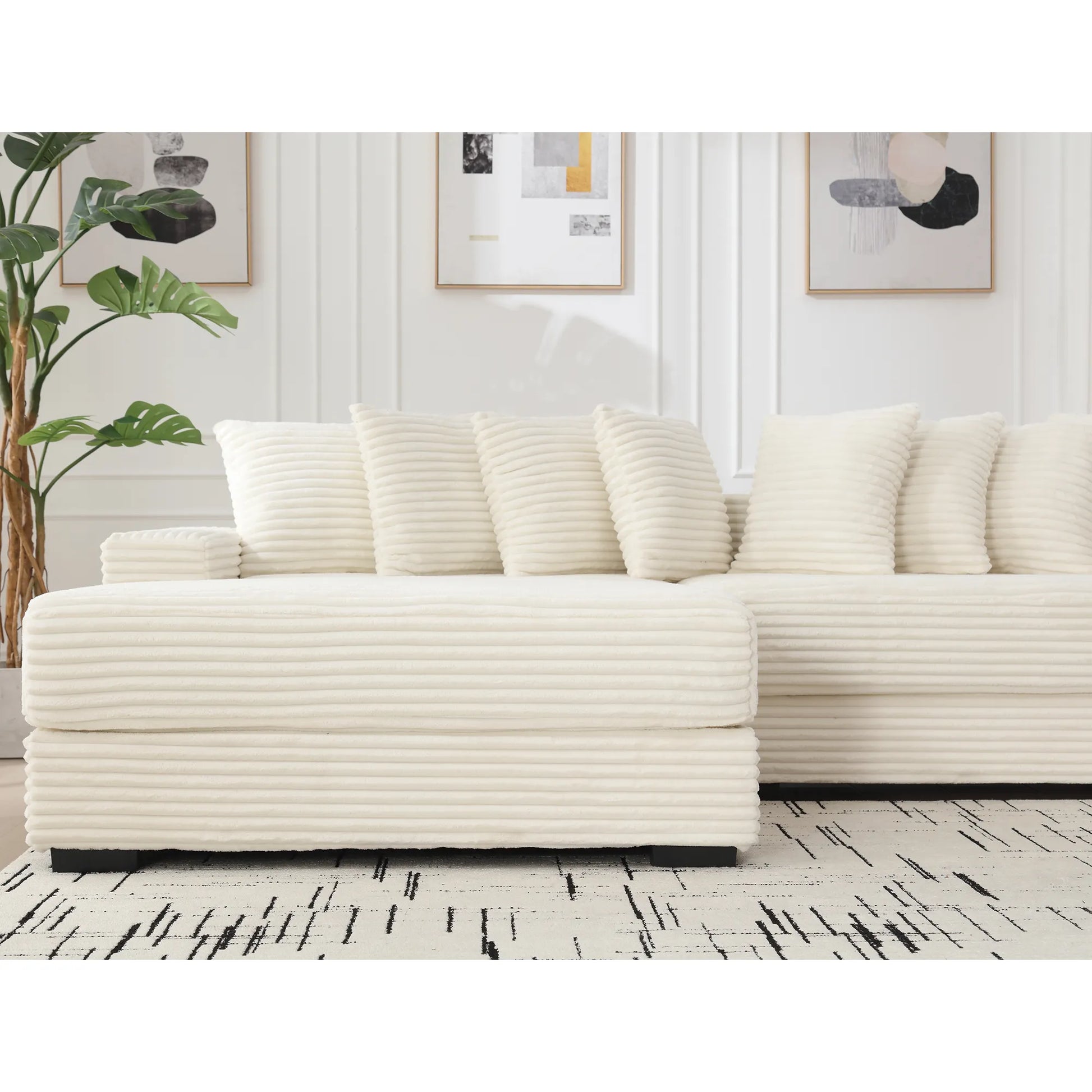 L Shaped Corduroy Couch, Plush Chaise Lounge Sofa, Beige