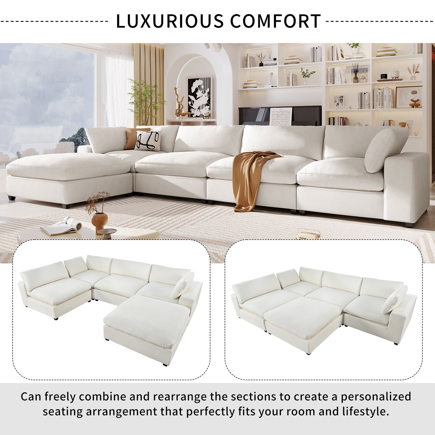 Cloud Couch Sectional, Large Modular Sofa with Ottoman, Beige