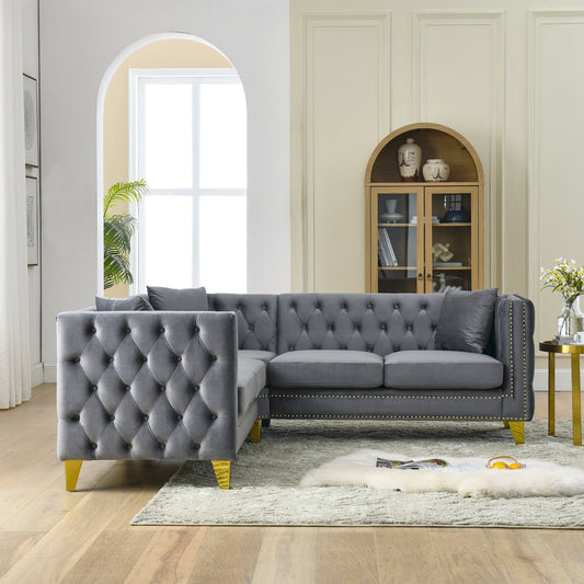 Chesterfield Sofa, L-Shaped Velvet Corner Couch - Gray