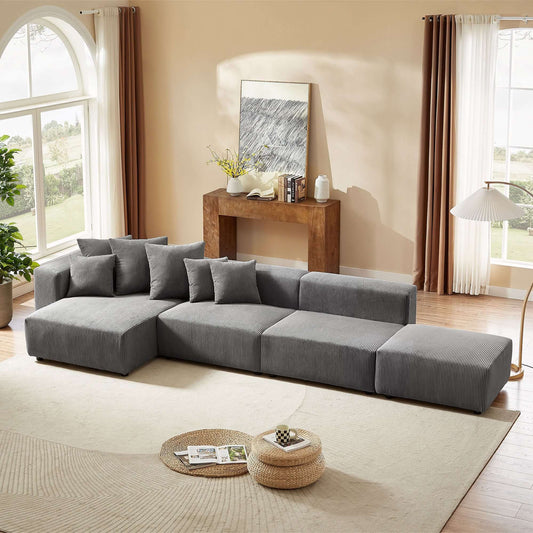 Corduroy Couch, 4 Piece Sofa with Chaise Lounge - Gray