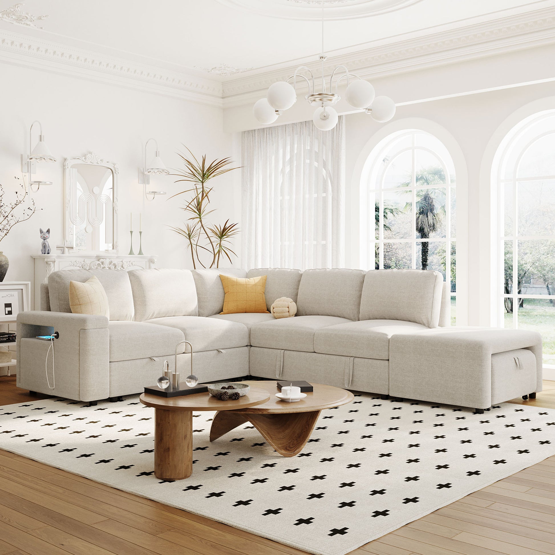 Sleeper Sectional, Sofa L Shape, Couch with Ottoman and Storage, Beige