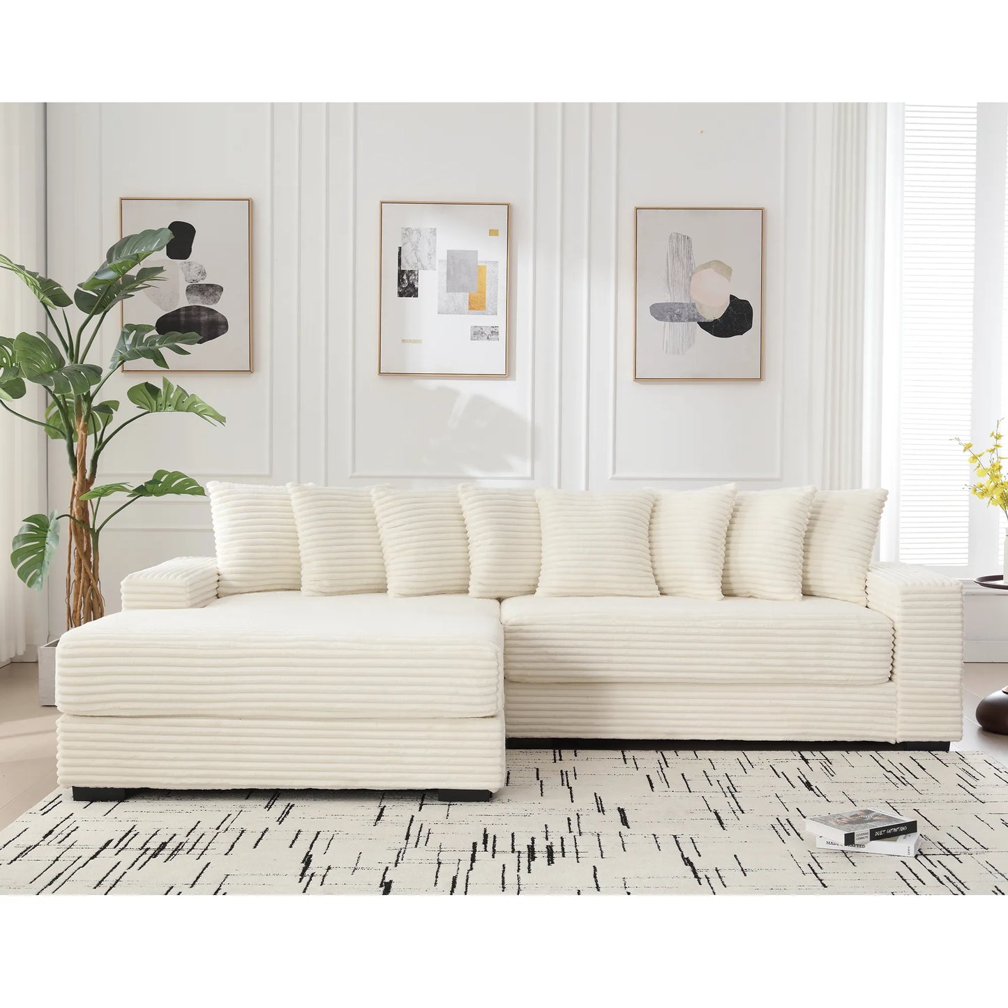 L Shaped Corduroy Couch, Plush Chaise Lounge Sofa, Beige