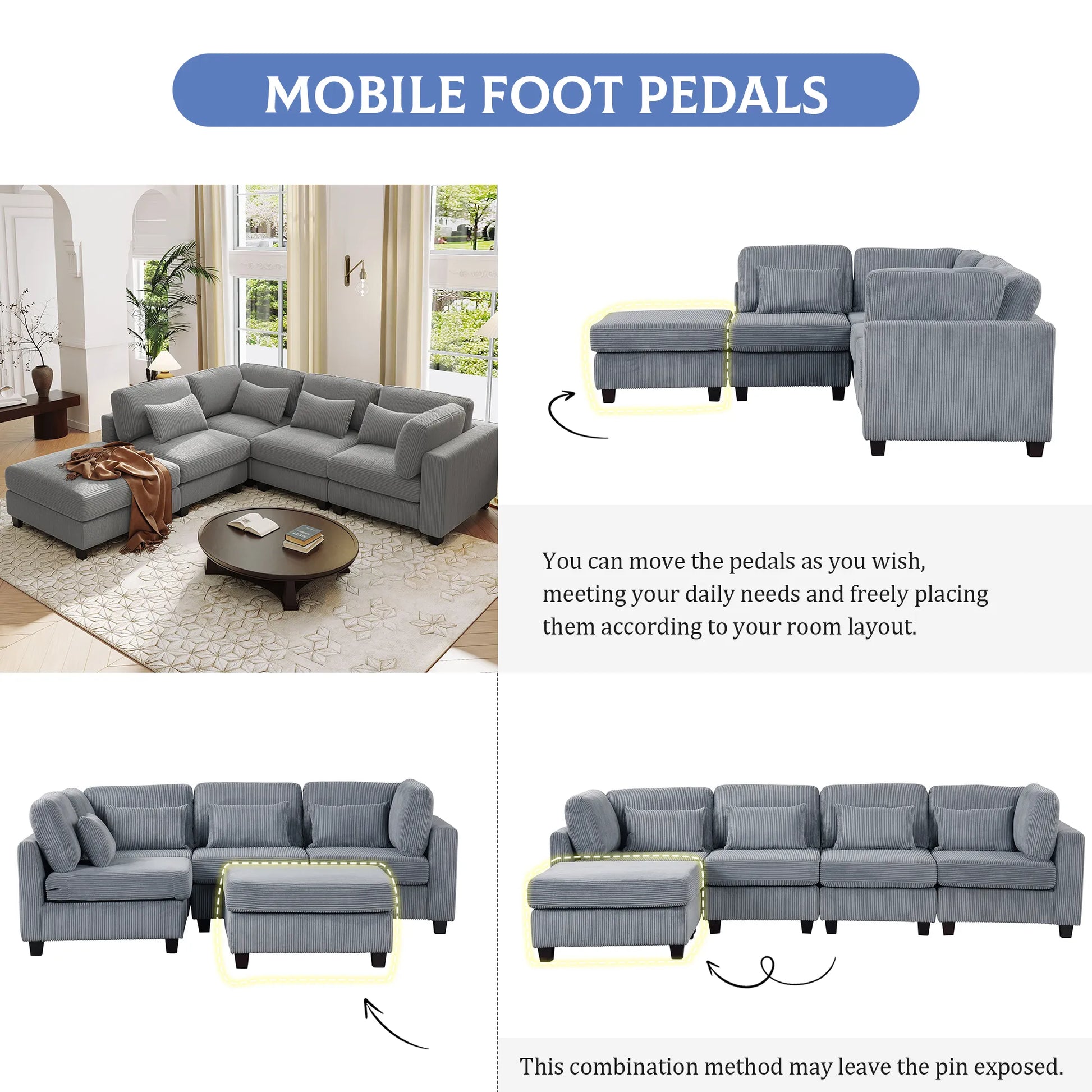 Louie Modular Sectional Sofa, Corduroy Couch with Ottoman - Grey