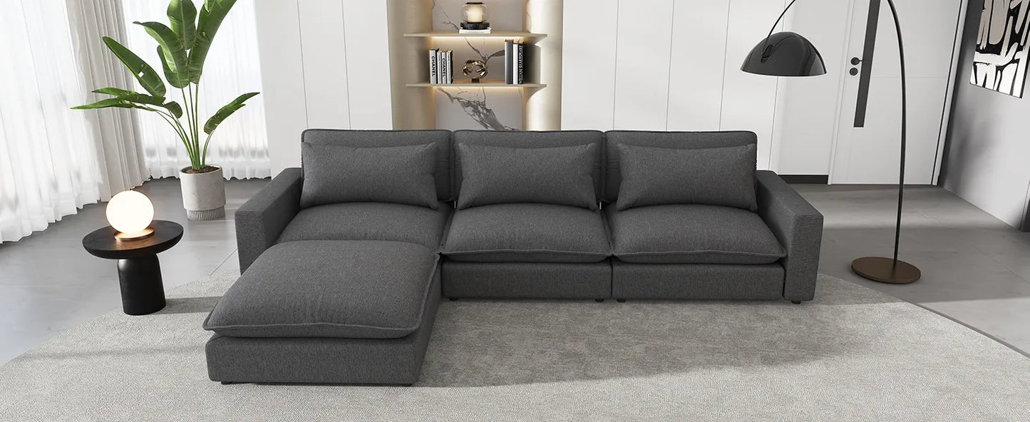 Comfy Sectional Cloud Couch, Chenille Sofa with Ottoman, Grey