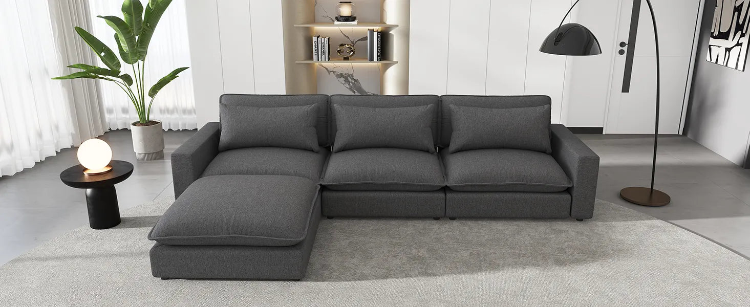Comfy Sectional Cloud Couch, Chenille Sofa with Ottoman, Grey