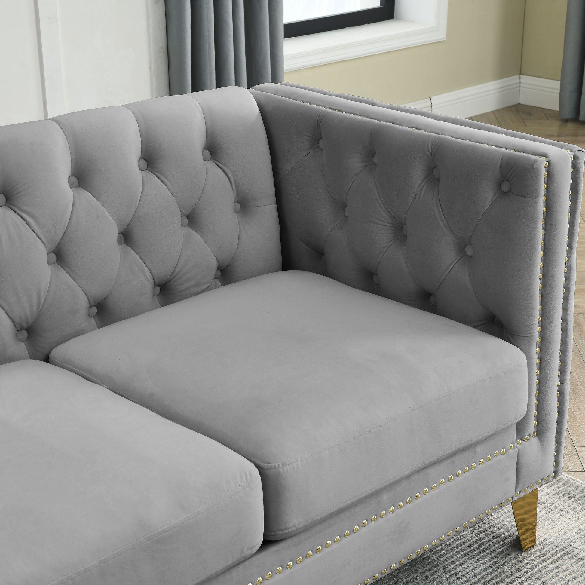 Chesterfield Sofa, L-Shaped Velvet Corner Couch - Gray