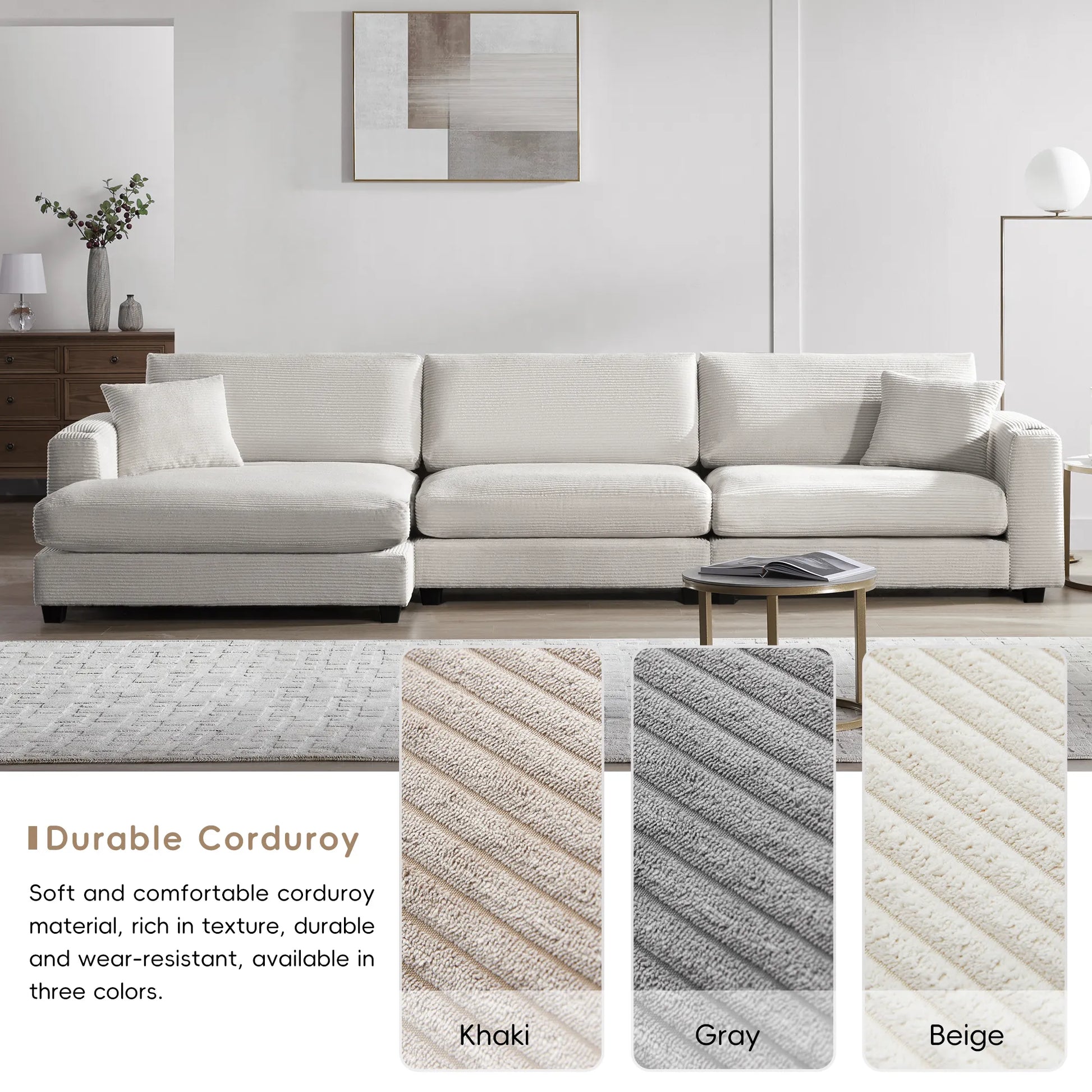 Deep Seat Corduroy Sofa, Large Sectional Couch with Chaise, Beige
