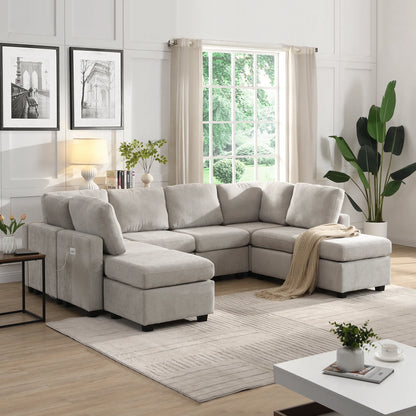 U Shaped Couch, Chenille Sectional Sofa with Ottoman, Grey