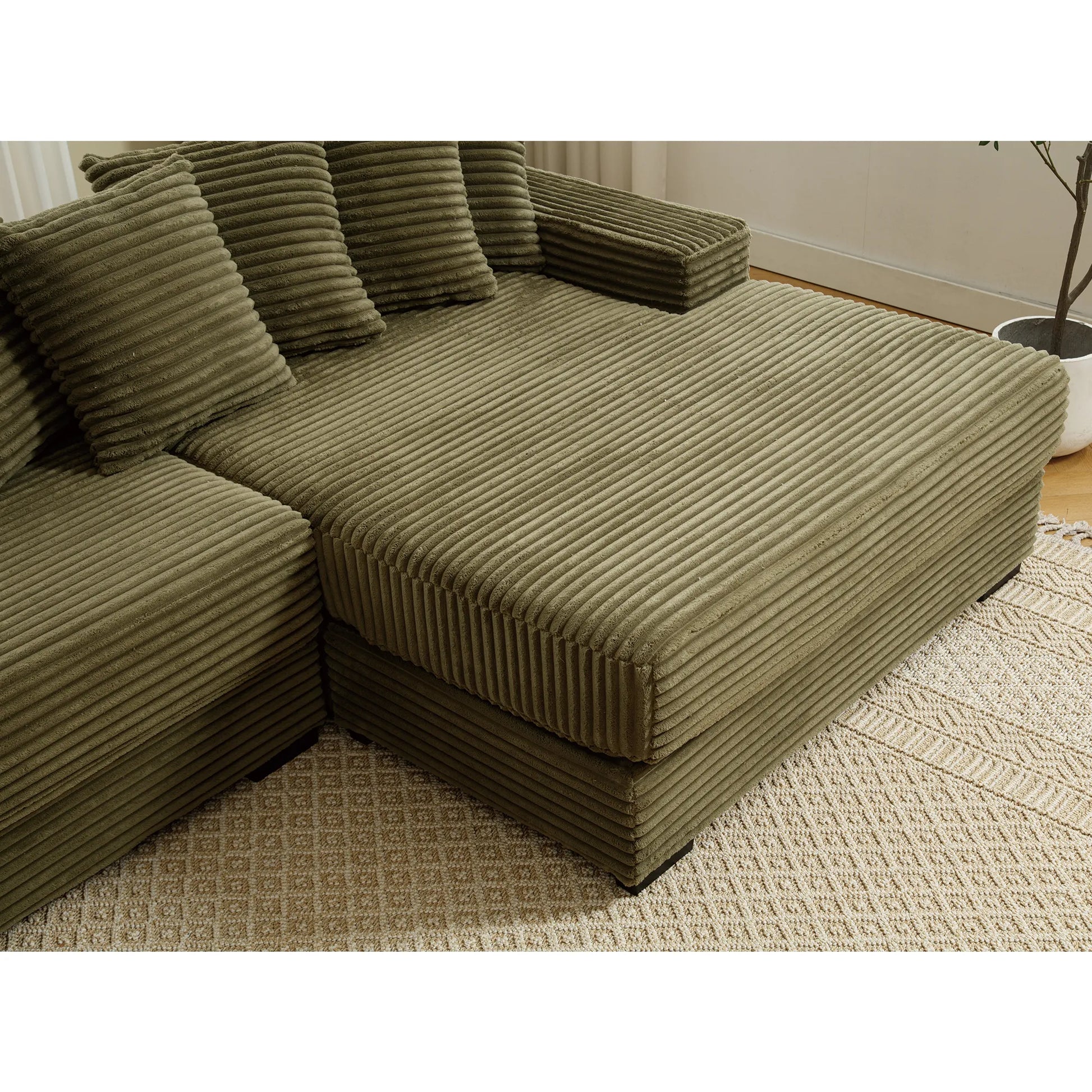 L Shaped Corduroy Couch, Plush Chaise Lounge Sofa, Green