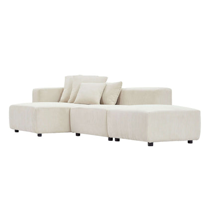 Corduroy Couch, Sofa with Chaise Lounge, 3 Piece - Beige