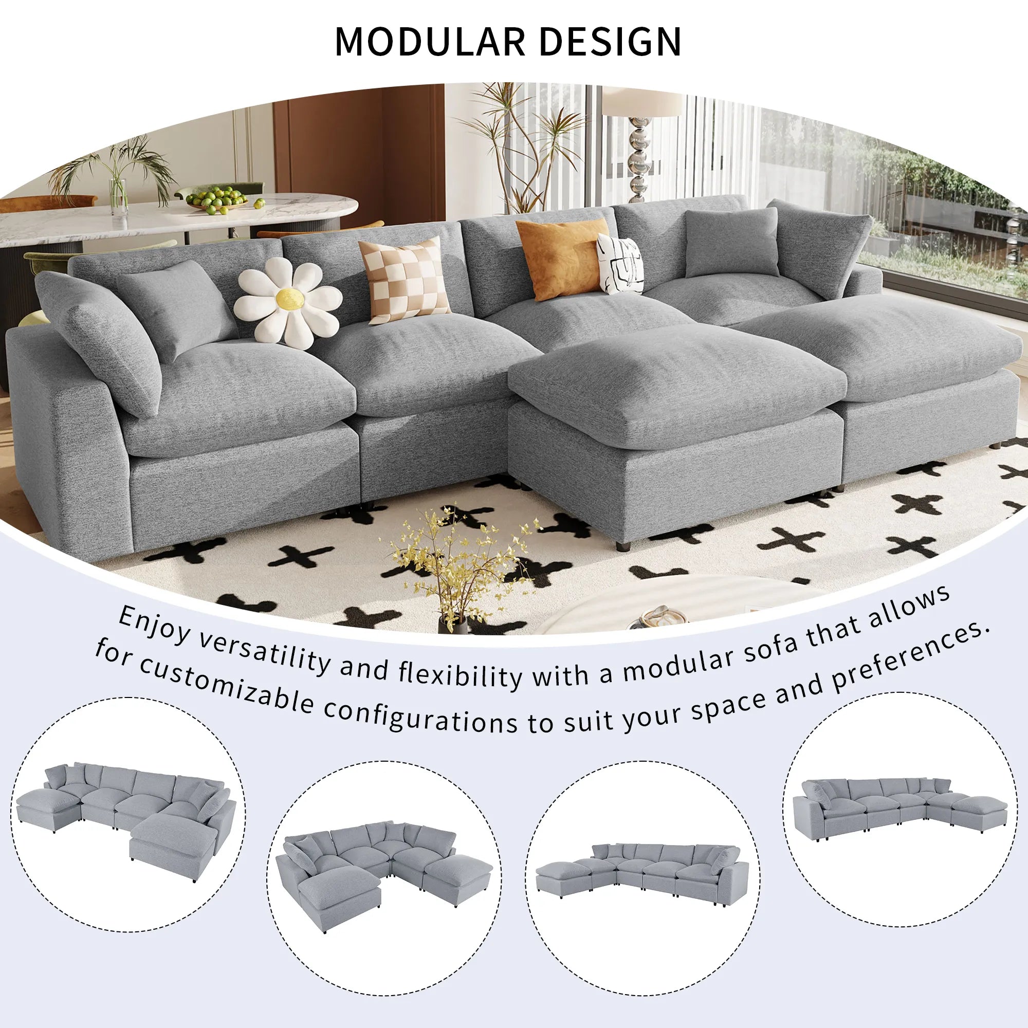 U Shaped Sectional, Large Modular Couch with Ottomans, Grey