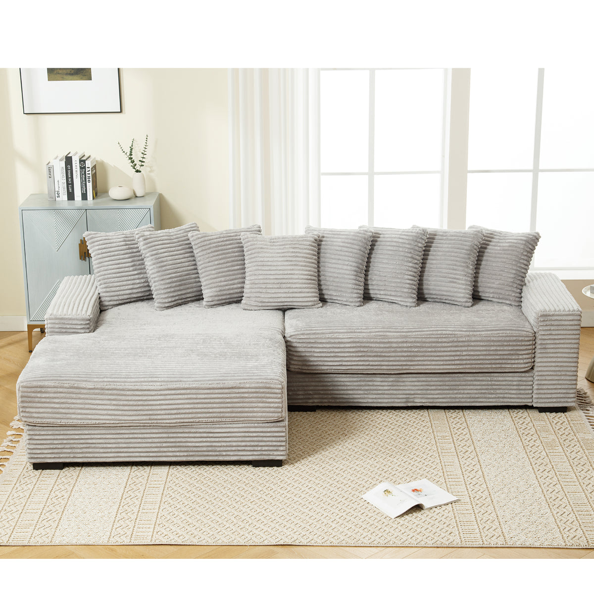 L Shaped Corduroy Couch, Plush Chaise Lounge Sofa, Gray