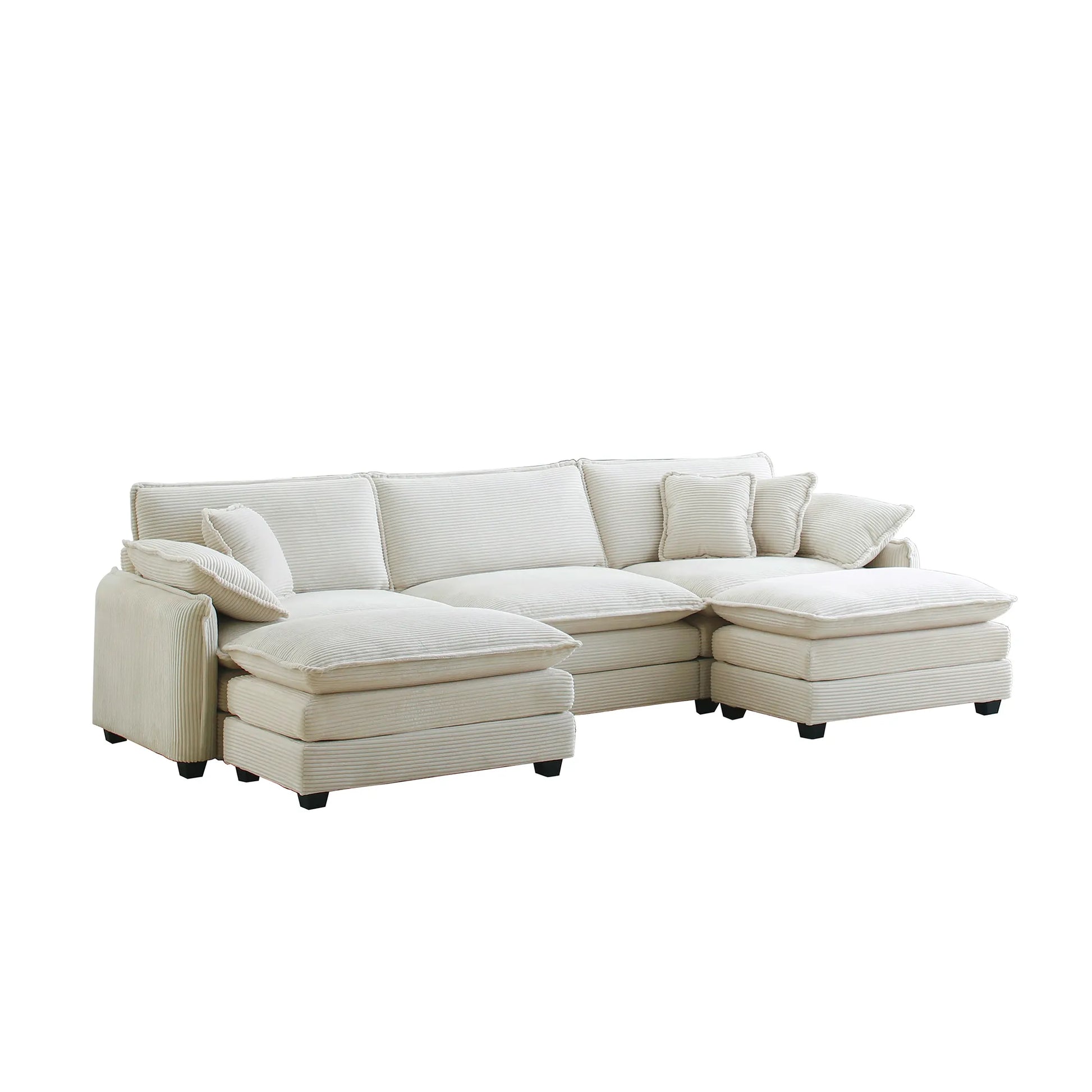 U Shape Sectional Cloud Sofa, Plush Corduroy Couch with Ottoman, Beige