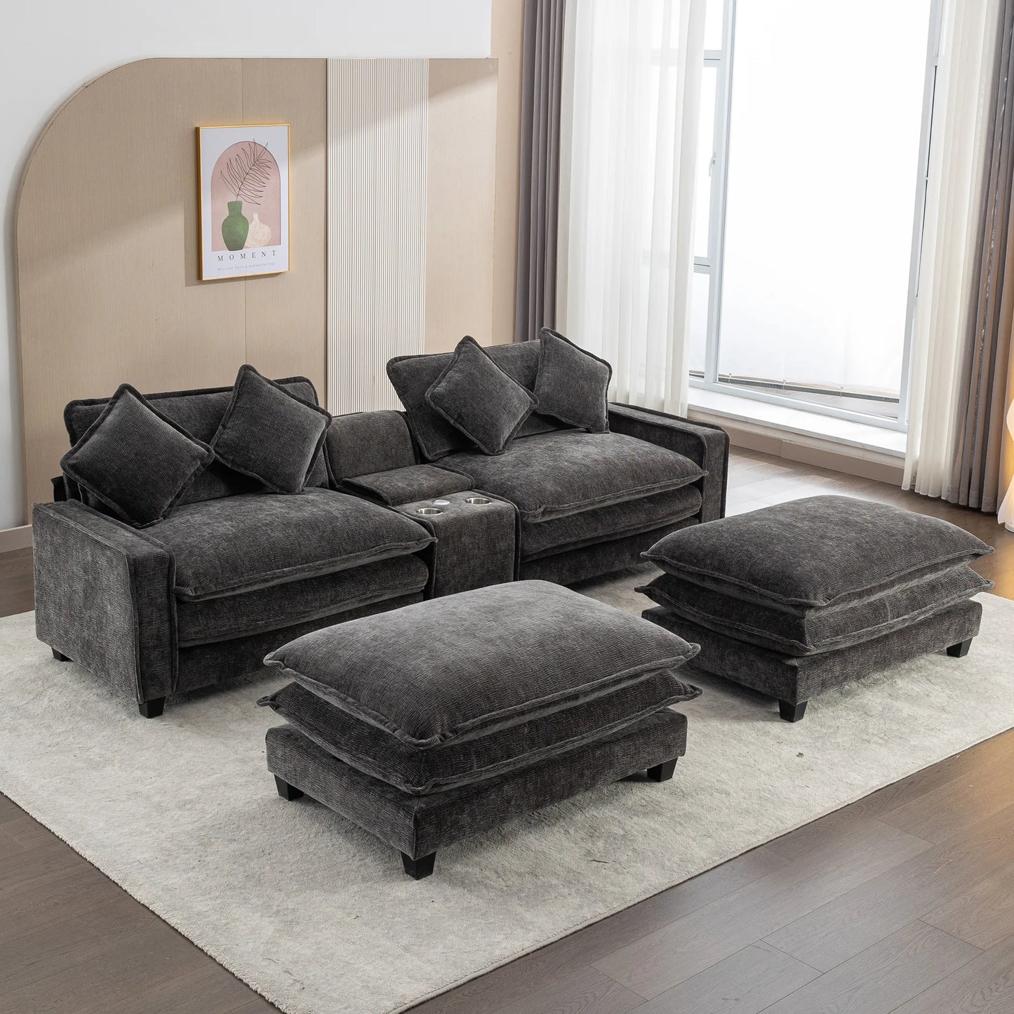 Plush Couch, Deep Seat Couch with Ottomans, Black