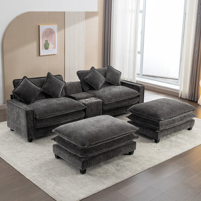 Plush Couch, Deep Seat Couch with Ottomans, Black