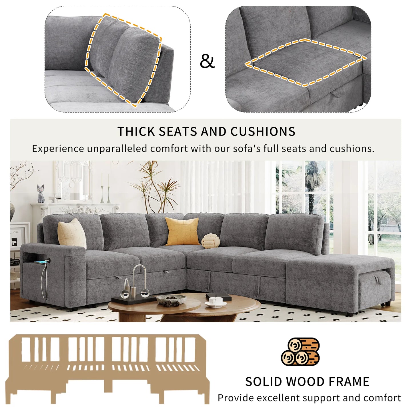 Sleeper Sectional, Sofa L Shape, Couch with Ottoman and Storage, Gray
