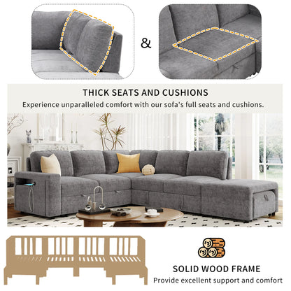 Sleeper Sectional, Sofa L Shape, Couch with Ottoman and Storage, Gray