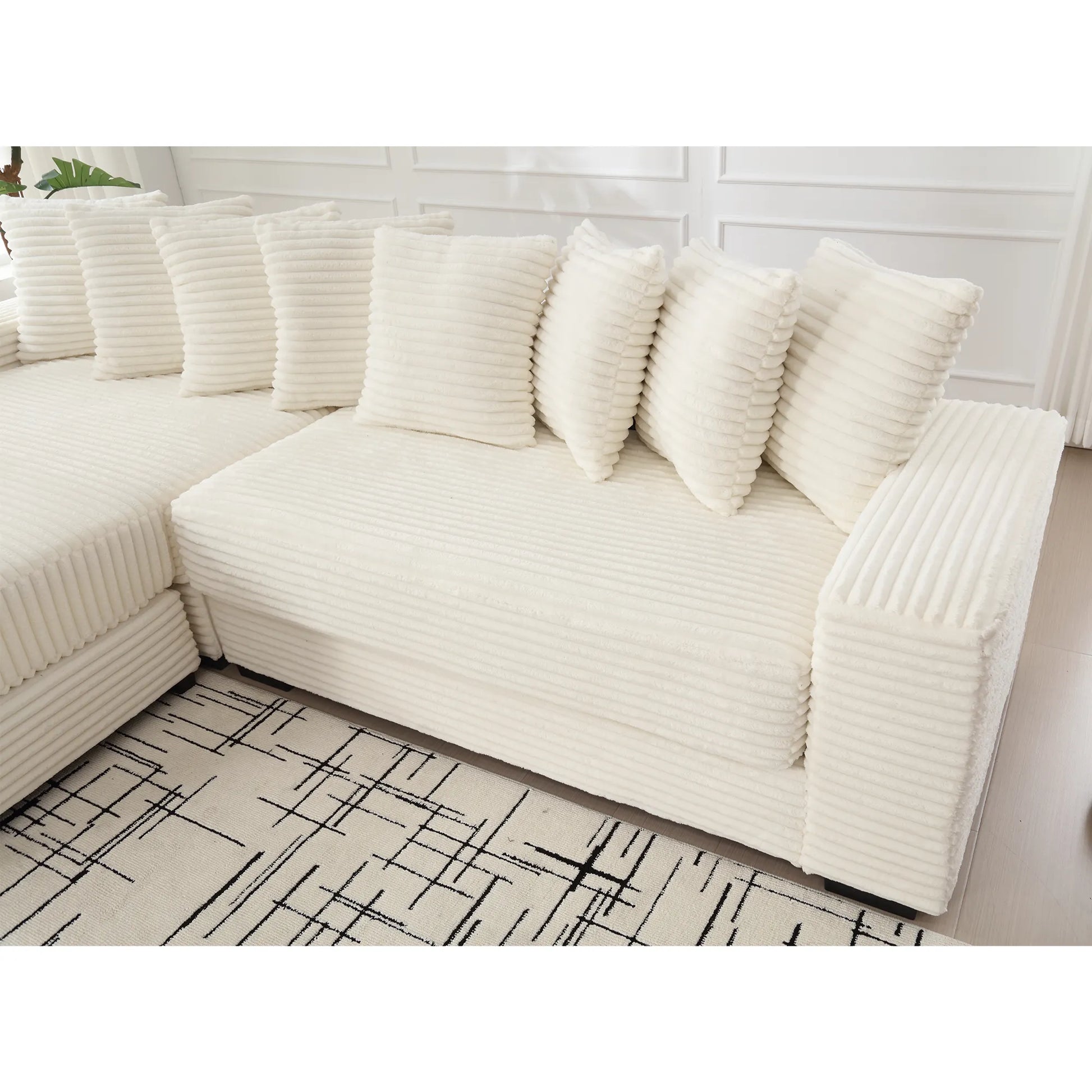 L Shaped Corduroy Couch, Plush Chaise Lounge Sofa, Beige