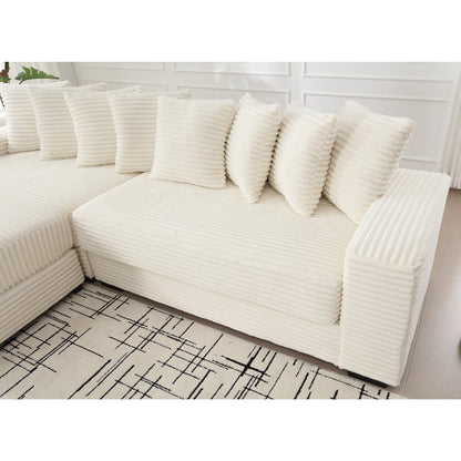 L Shaped Corduroy Couch, Plush Chaise Lounge Sofa, Beige