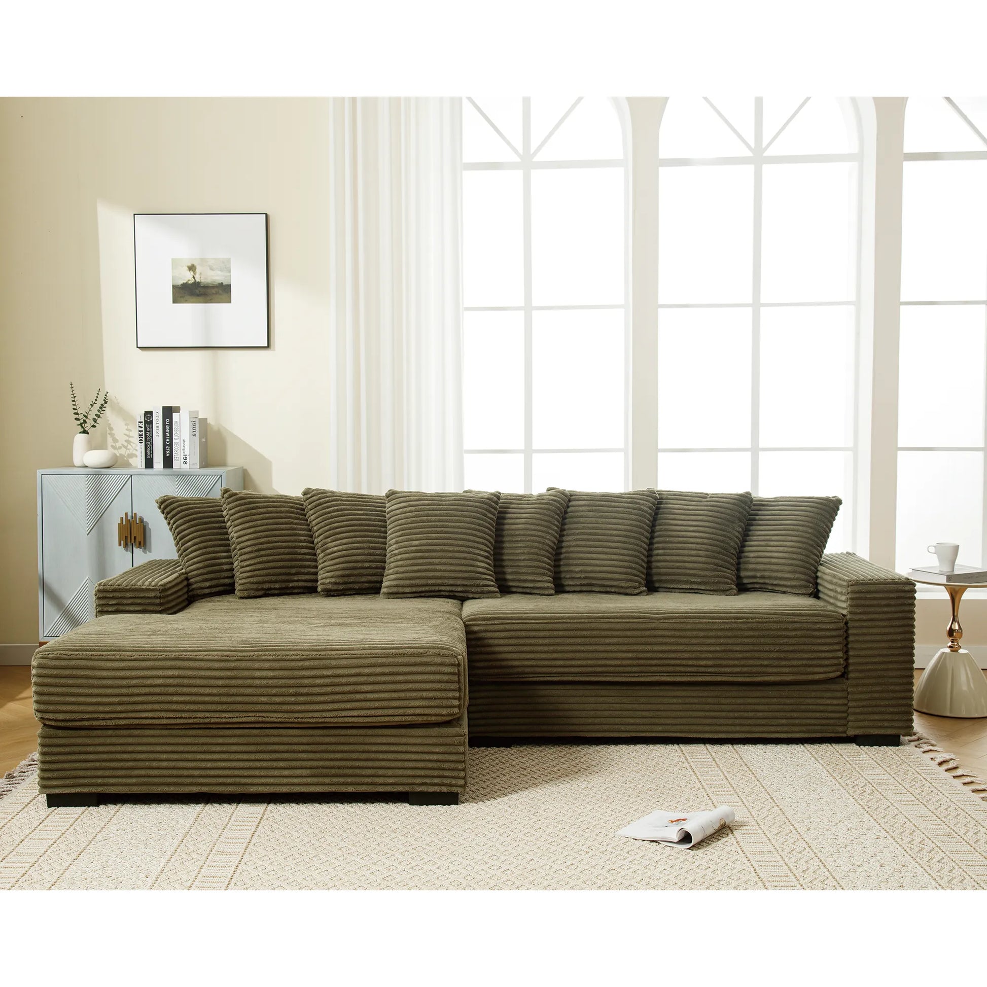 L Shaped Corduroy Couch, Plush Chaise Lounge Sofa, Green