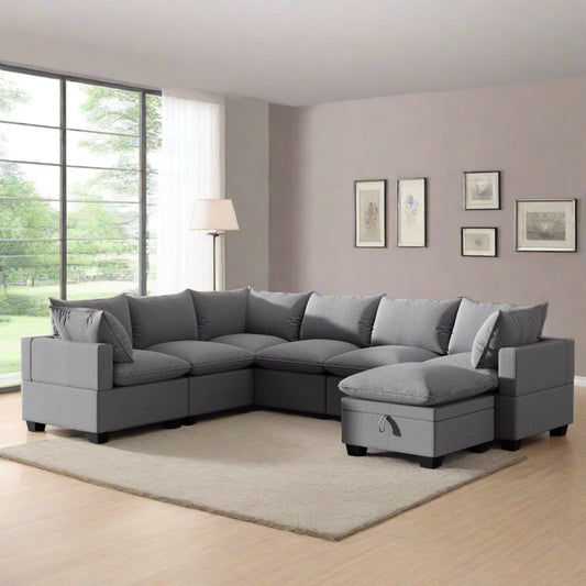U Shaped Sectional, Modular Sofa with Ottoman and Storage, Gray