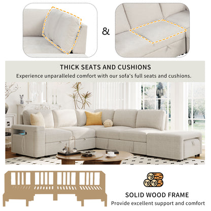 Sleeper Sectional, Sofa L Shape, Couch with Ottoman and Storage, Beige