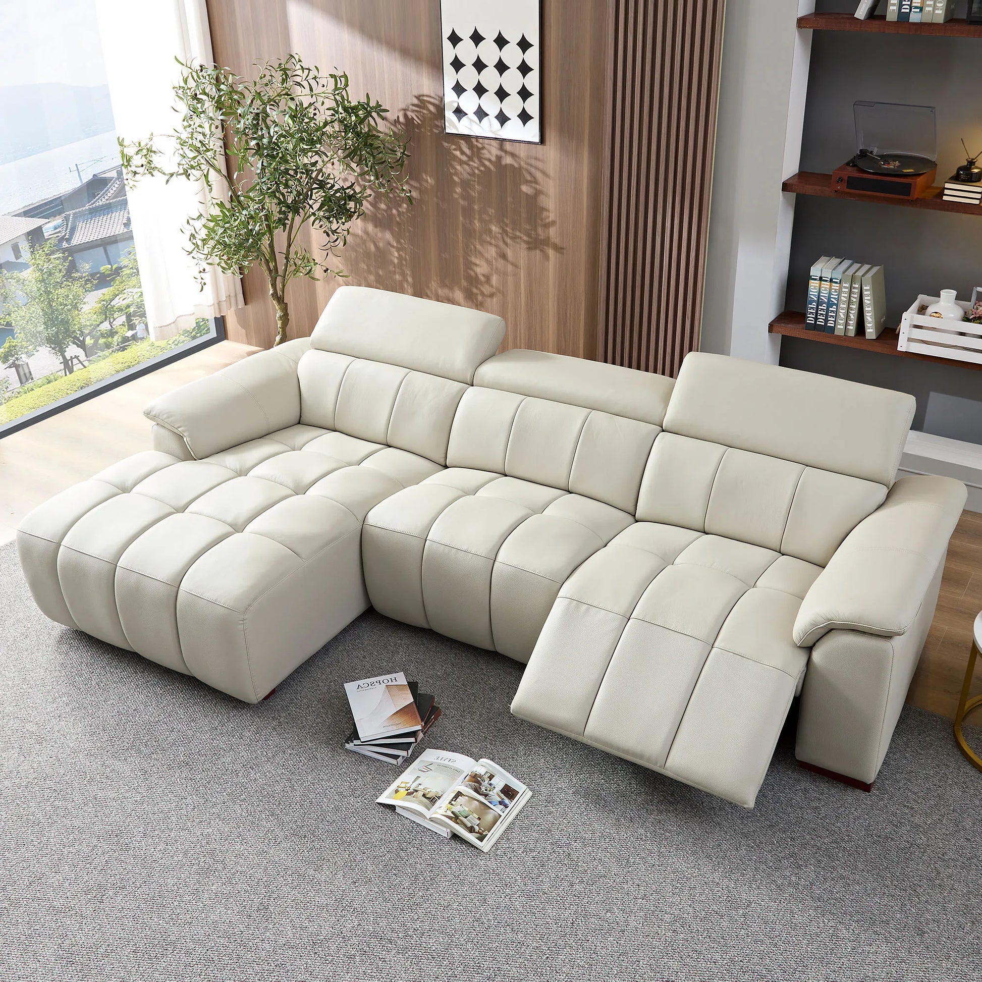 Genuine Leather Recliner Sofa, Modern Couch with Chaise, USB and Adjustable Headrest, Light Grey