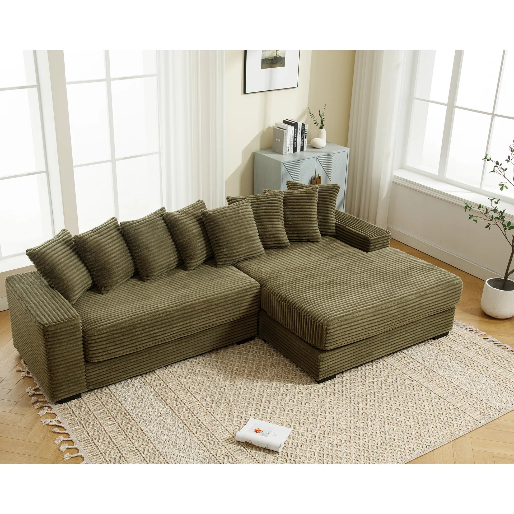 L Shaped Corduroy Couch, Plush Chaise Lounge Sofa, Green