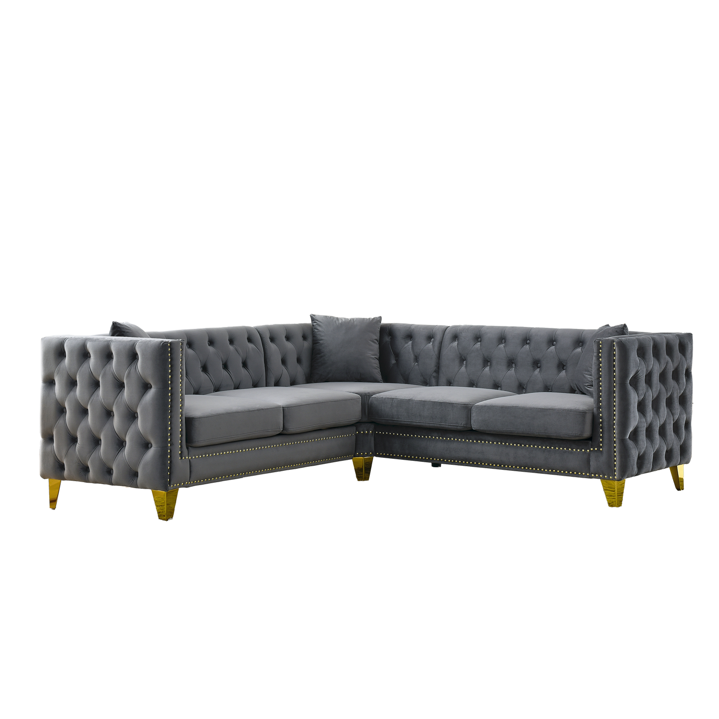 Chesterfield Sofa, L-Shaped Velvet Corner Couch - Gray
