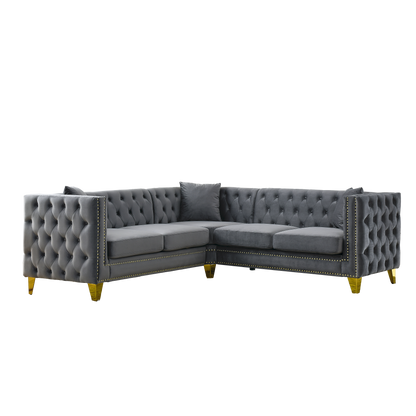 Chesterfield Sofa, L-Shaped Velvet Corner Couch - Gray