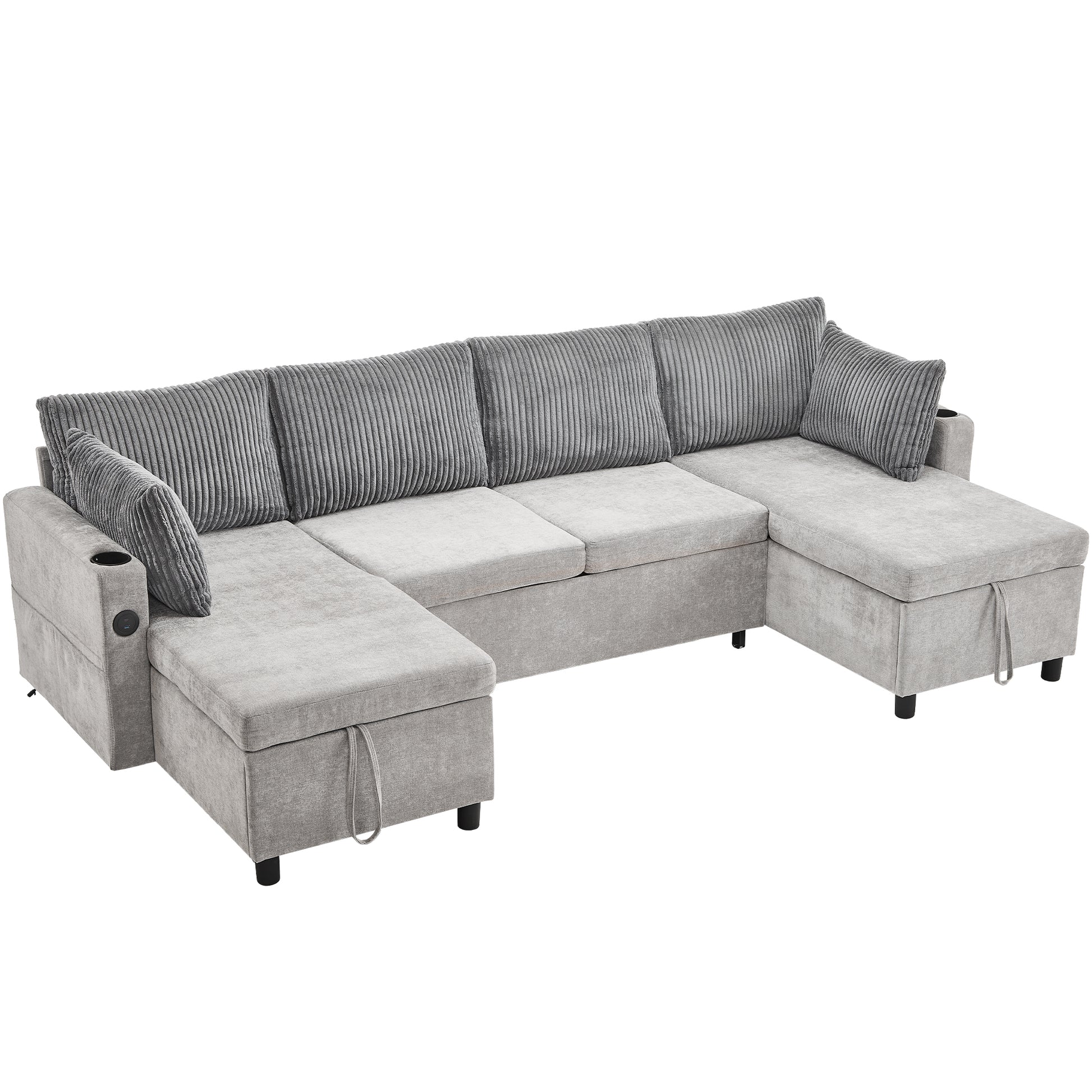 Corduroy Couch with Chaise Sleeper, Sectional Sofa Pull-Out, Grey
