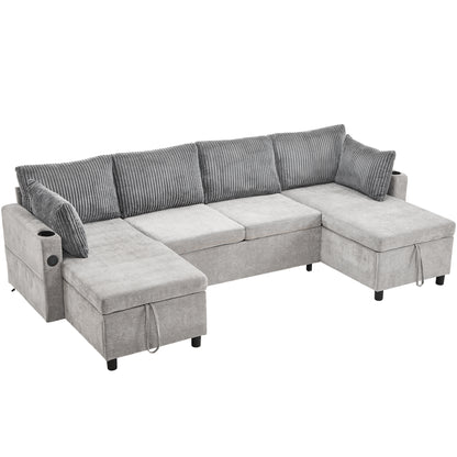 Corduroy Couch with Chaise Sleeper, Sectional Sofa Pull-Out, Grey