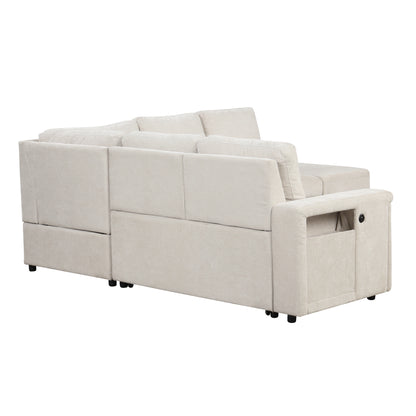 Sleeper Sectional, Sofa L Shape, Couch with Ottoman and Storage, Beige/Gray/Blue