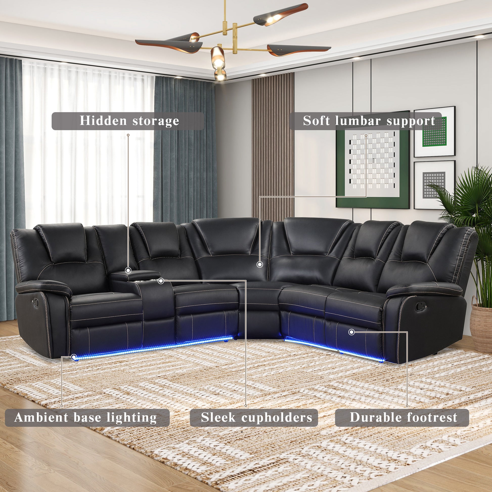 Modern Reclining Sofa, Corner Sectional Couch Recliner, Black