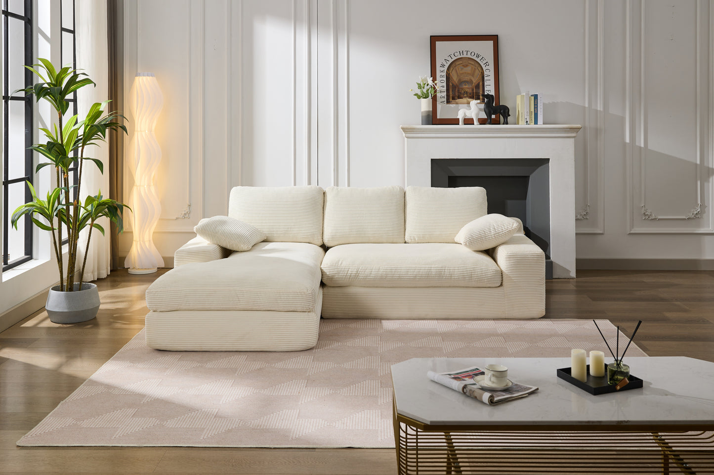 Chaise Lounge Sofa, L Shape Reversible Corduroy Couch Sectional, White