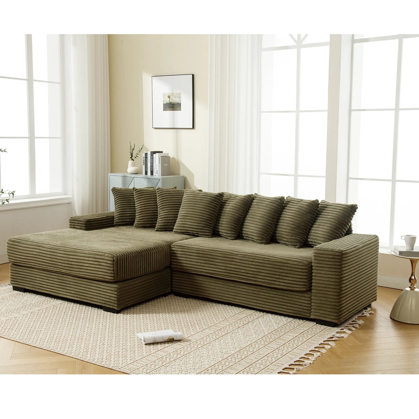 L Shaped Corduroy Couch, Plush Chaise Lounge Sofa, Green