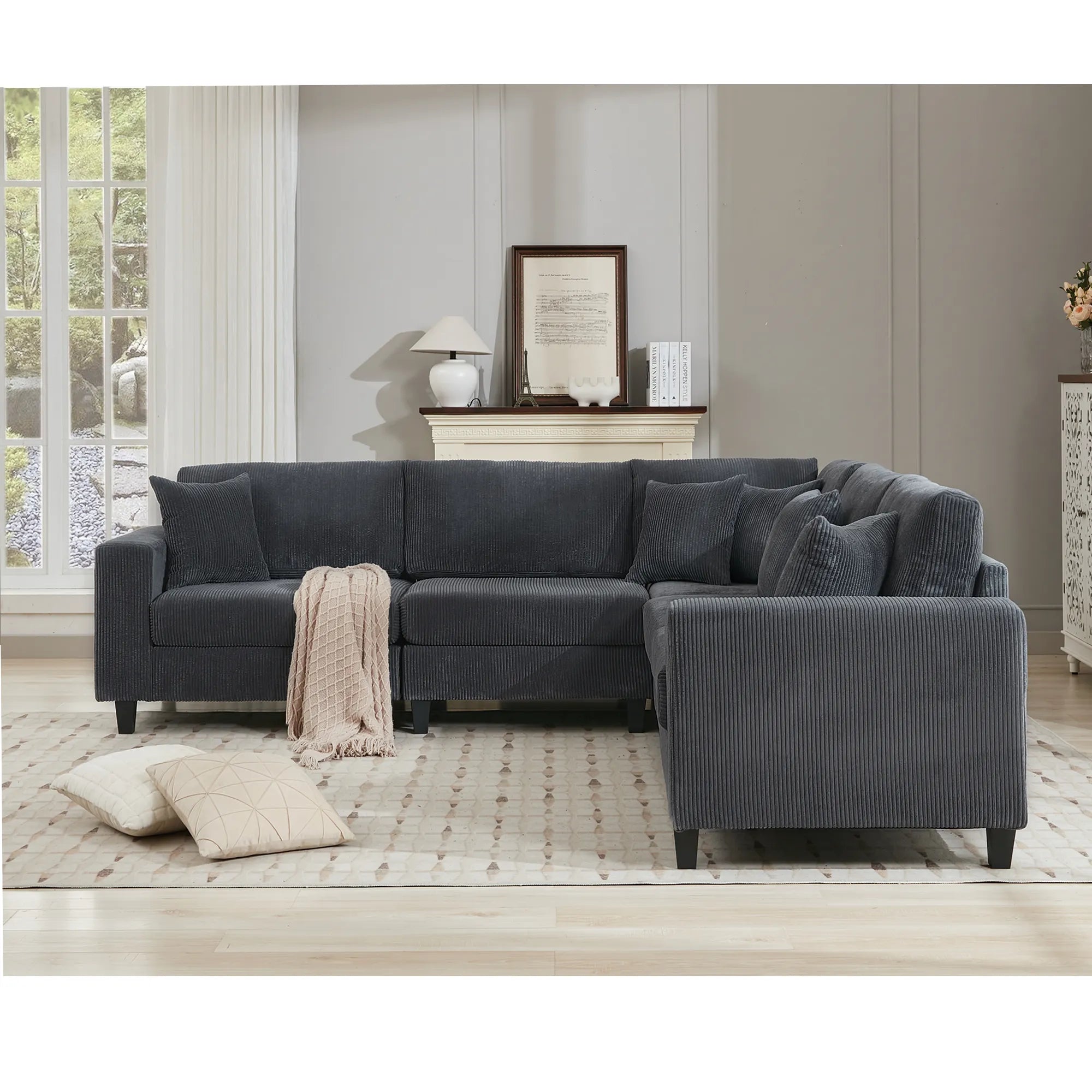 Modular Sectional Sofa, Deep Seat Corduroy Couch, Dark Gray