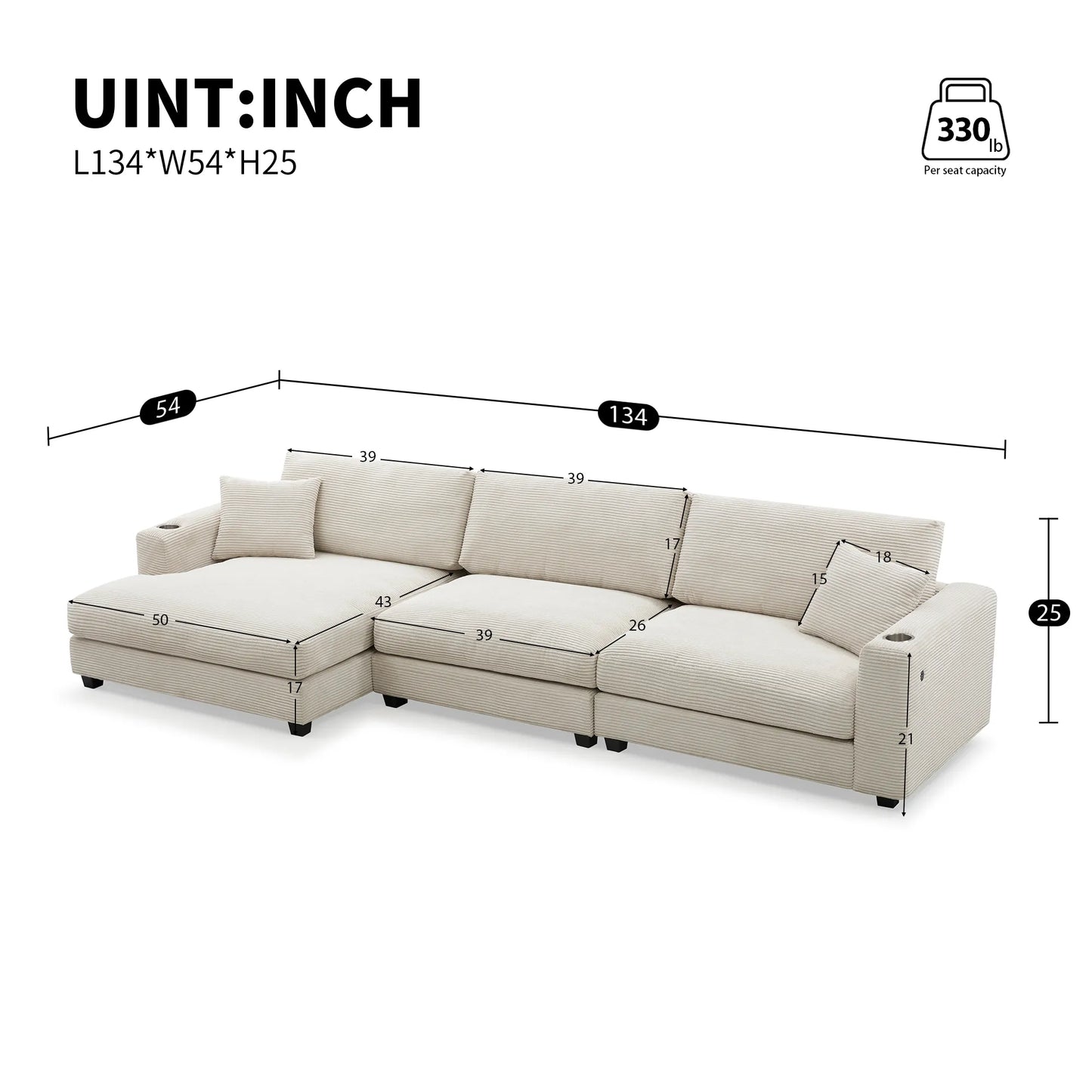 Deep Seat Corduroy Sofa, Large Sectional Couch with Chaise, Beige