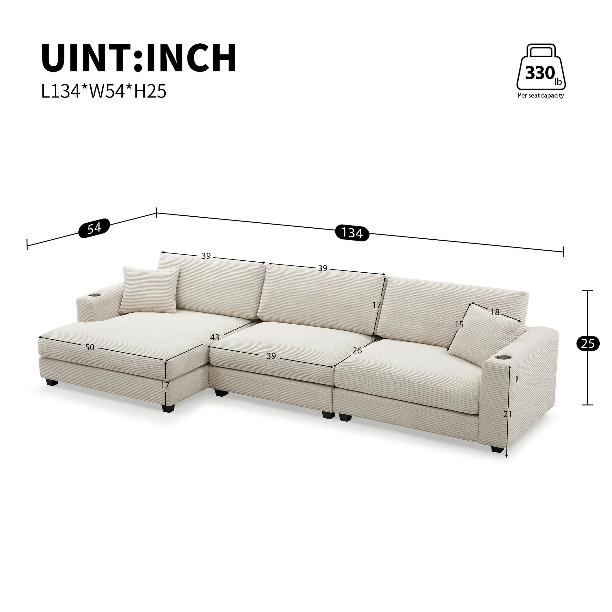 Deep Seat Corduroy Sofa, Large Sectional Couch with Chaise, Beige