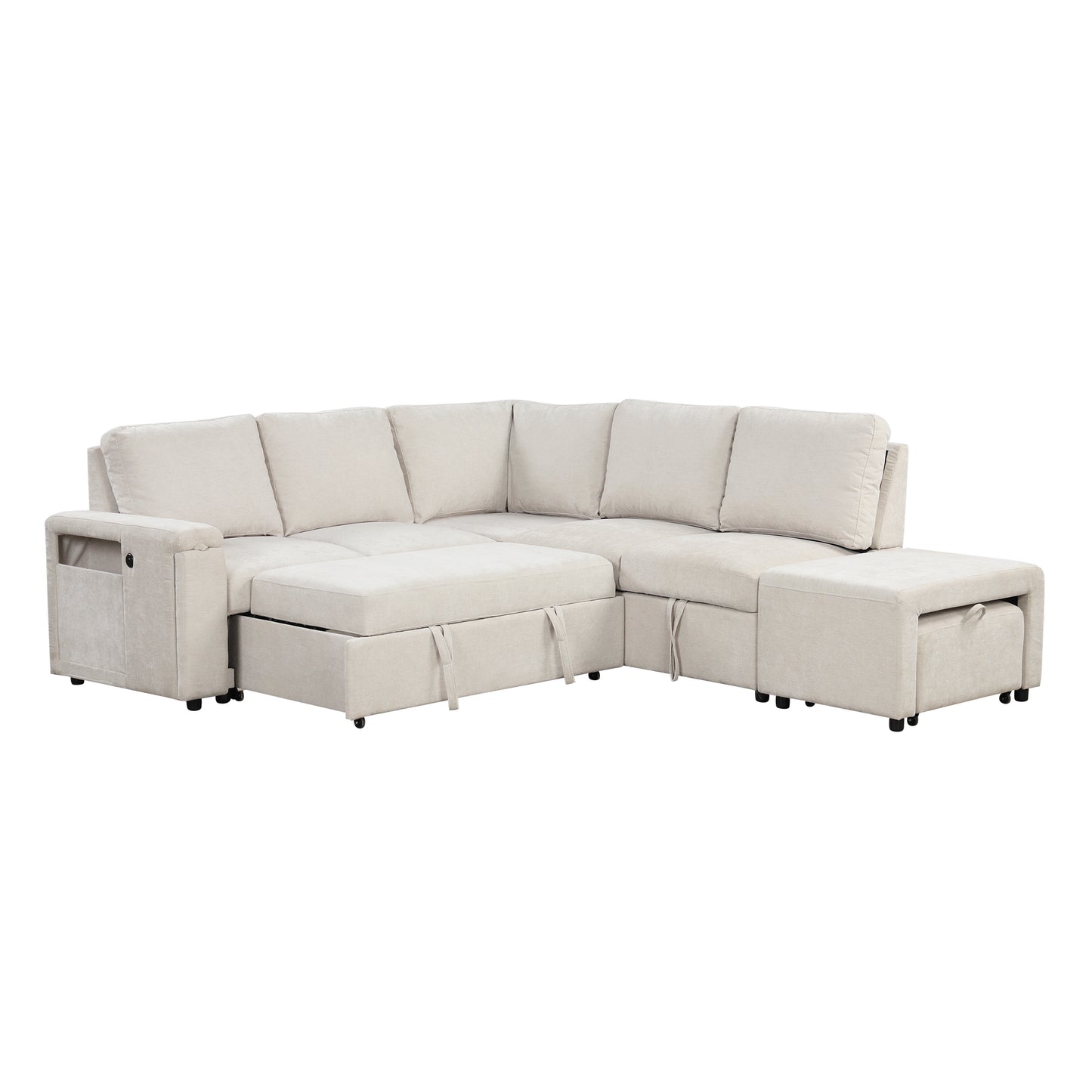 Sleeper Sectional, Sofa L Shape, Couch with Ottoman and Storage, Beige/Gray/Blue