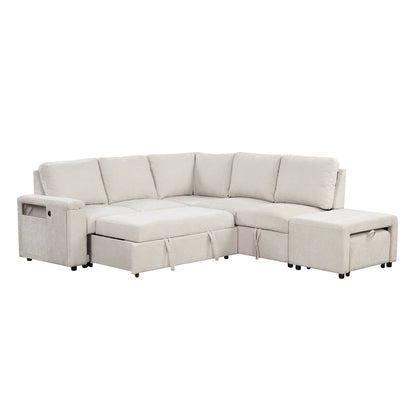 Sleeper Sectional, Sofa L Shape, Couch with Ottoman and Storage, Beige/Gray/Blue