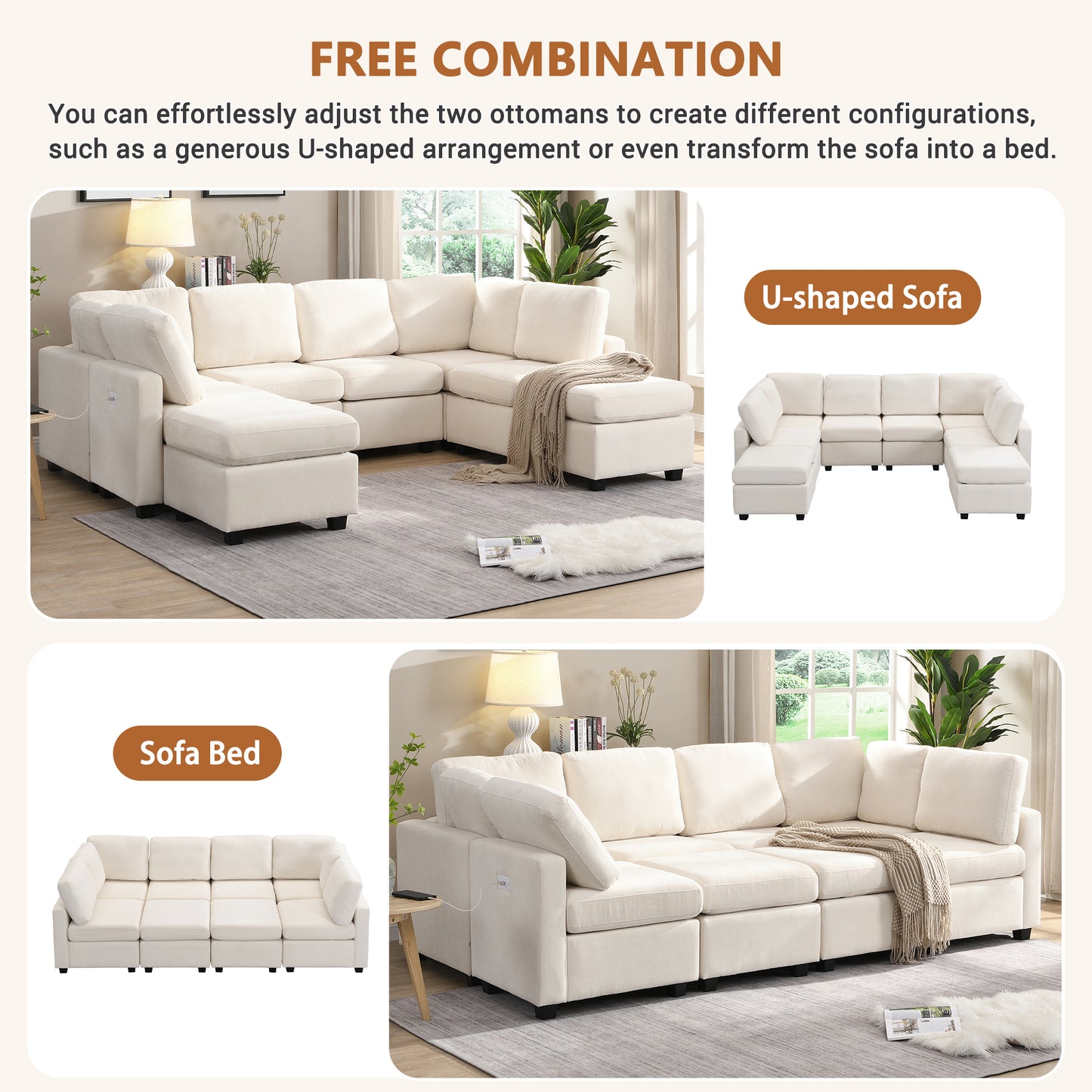 U Shaped Couch, Chenille Sectional Sofa with Ottoman, Beige
