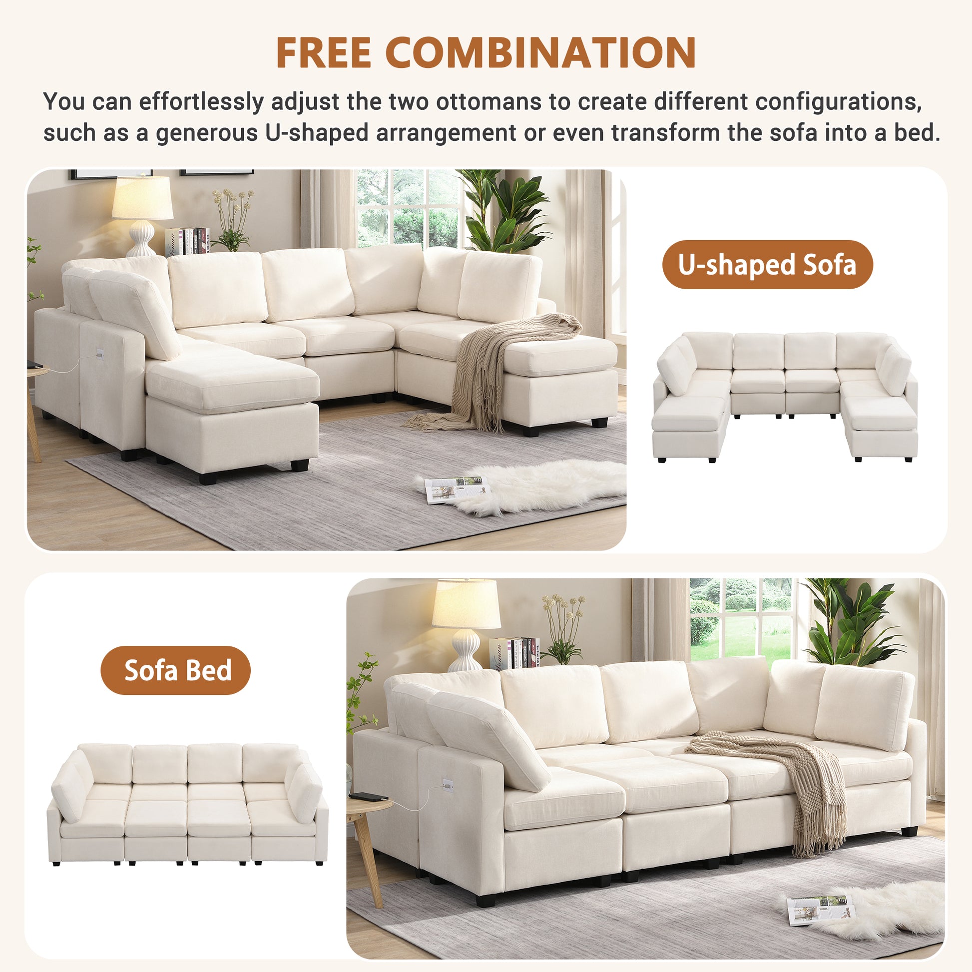 U Shaped Couch, Chenille Sectional Sofa with Ottoman, Beige