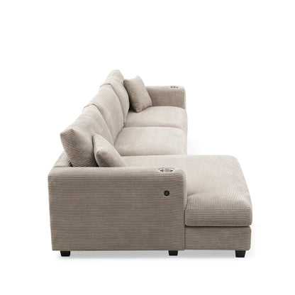 Deep Seat Corduroy Sofa, Large Sectional Couch with Chaise, Khaki